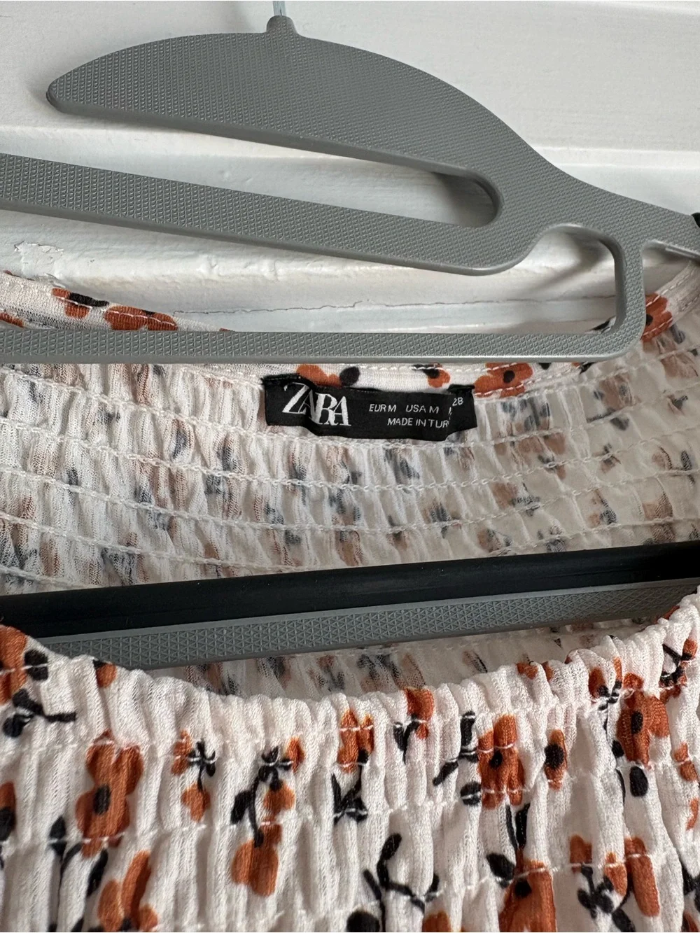 Zara Floral Smocked Peplum Top - White with Rust Floral